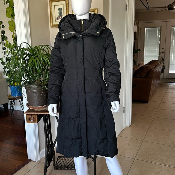 Cole Haan Down Black Long Winter Coat Like New Size M with A Hood - Picture 2 of 8